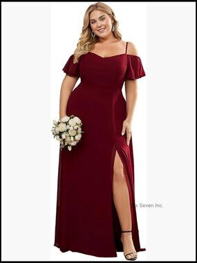Off Shoulder Ruffled Sleeve Side Slit Chiffon Plus Size Bridesmaid Dress